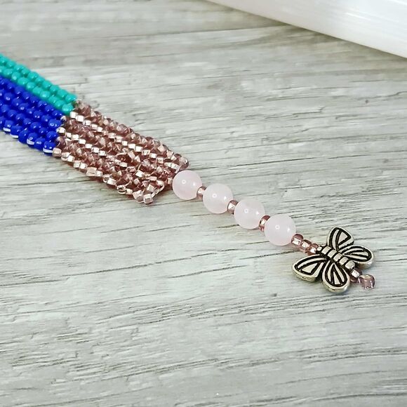 Boho Chic Herringbone Beaded Bracelet, Rose Quartz Gemstone Butterfly Artisan 7" - Picture 4 of 5